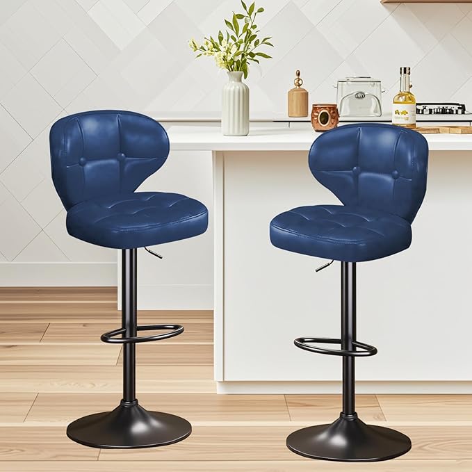 Bar Stools Set of 2,Adjustable Swivel Barstools, Modern PU Leather Upholstered Bar Chair with Back and Footrest,for Bar, Kitchen, Dining Room (Blue) 2