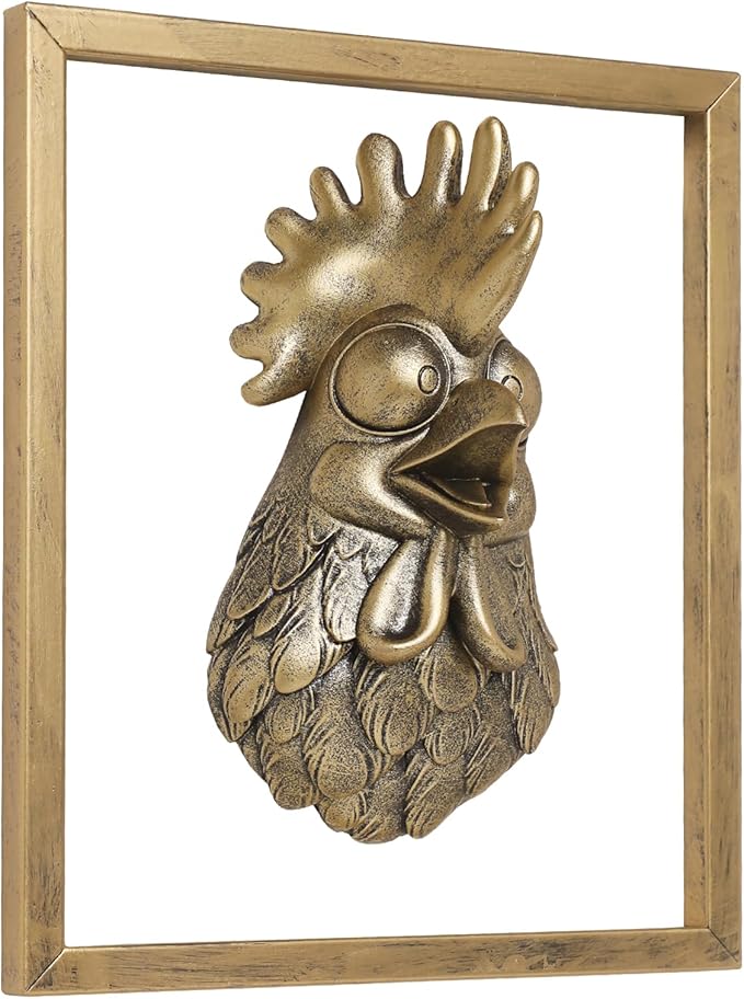 Newinhome Animal Heads Wall Decor (Includes Metal Frame) Resin Animals Sculptures Head Wall Hanging Decoration Gold vintage Wall Sculpture for Living Room Bedroom Office(Rooster)