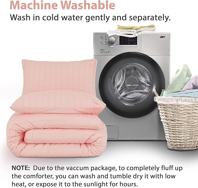 AveLom Blush Pink Seersucker Full Comforter Set (80x90 inches), 3 Pieces - 100% Soft Washed Microfiber Lightweight Comforter with 2 Pillowcases, All Season Down Alternative Comforter Set for Bedding