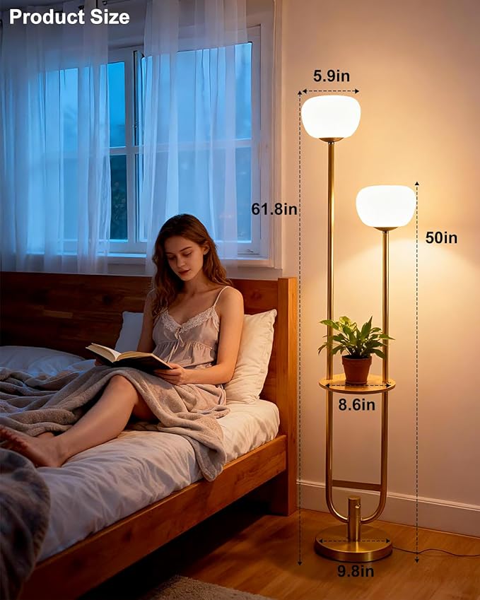 Lightdot 63IN Gold Floor Lamp Dimmable Standing Lamps with 2 Pumpkin Lampshades& Warm White LED Bulbs, Unique U-Pole Mid Century Modern Tall Lamp for Living Room/Bedroom/Wedding/Party