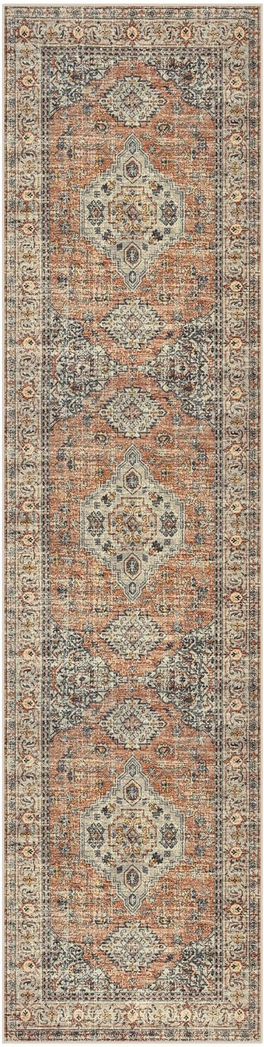 Lahome Oriental Kitchen Runners for Hallways, 2.5x12 Washable Runner Rug Non Slip, Soft Hallway Rug Distressed Ultra-Thin Long Carpet for Bathroom Entryway Bedroom, Peach/Orange