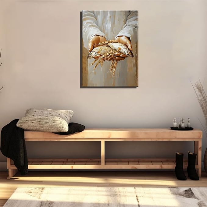 Frame Jesus Feeds the 5000 Canvas Wall Art Christian Five Loaves and Two Bible Scripture Wall Decor Pictures 5 Bread and 2 Fish Posters Prints for Dining Living Room Kitchen Wall Bedroom Decoration16X24in
