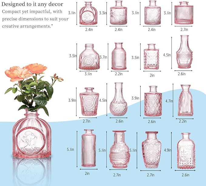 Glass Bud Vases Set of 32 - Pink Assorted Small Mini Glass Vases for Flowers, Crystal Vintage Vase Set, Bulk Centerpieces for Table Décor, Wedding, Home and Events (Pink, 32 Pcs)