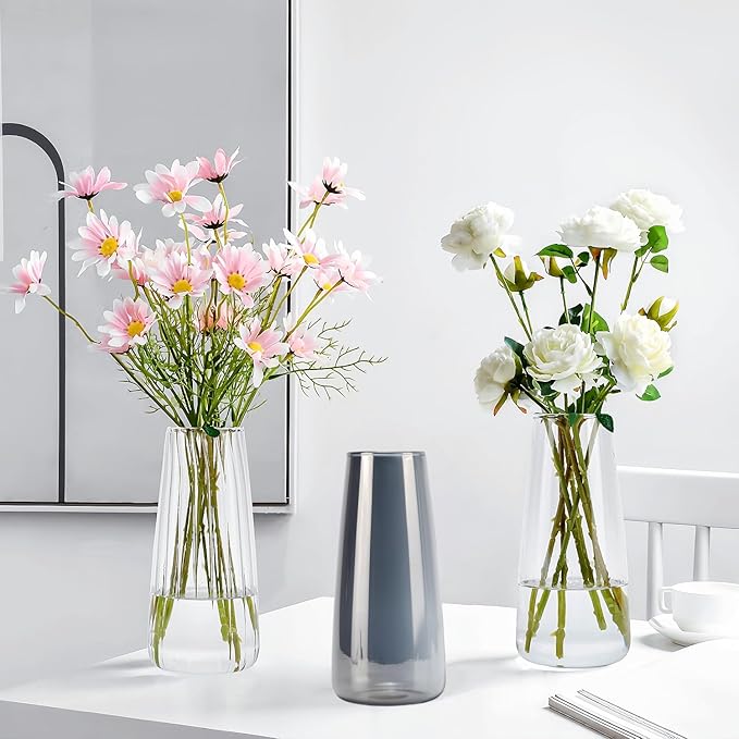 Crystal Clear Glass Vase, Flower Vase for Table Centerpiece Home Decor, Modern Vases for Living Room, Wedding, Office, Coffee Table, Birthday Housewarming Gift, 8.3inch (Gray)