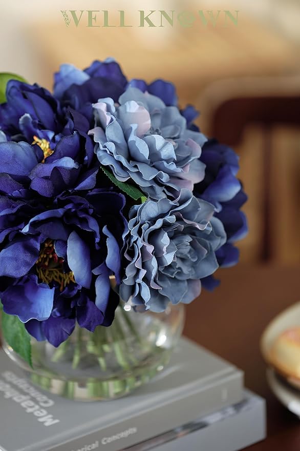 WELL KNOWN Artificial Flowers in Vase, Silk Blue Peonies for Vase with Faux Water, Fake Flower Arrangements for Winter Spring Home Coffee Dining Table Decor Wedding Centerpieces & Christmas Mom's Gift