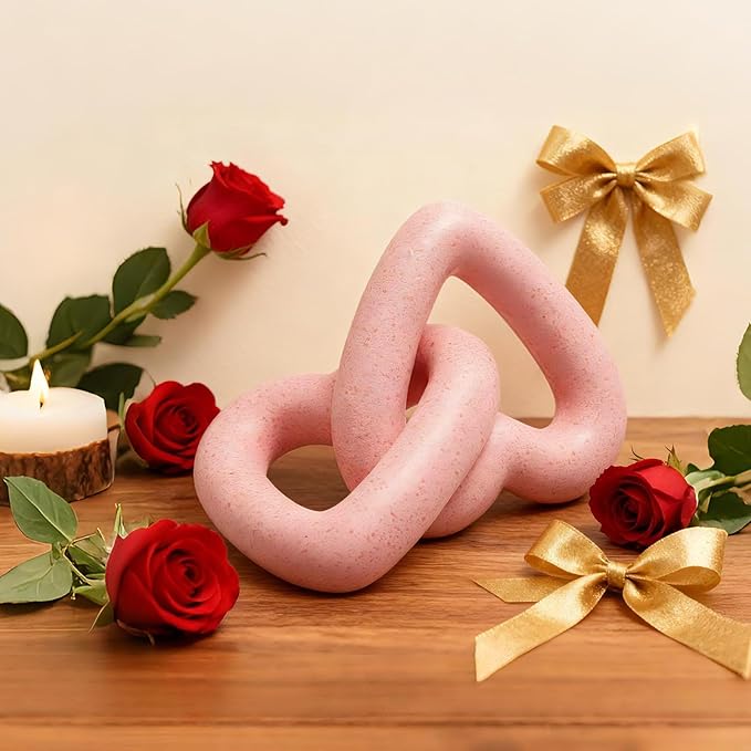 Guichifun Valentines Day Decor Couple Gifts - Resin Pink Heart Sculpture Chain Link Home Decor Love Statues Anniversary Wedding Romantic Gifts 8 x 7 x 5.5 Inch