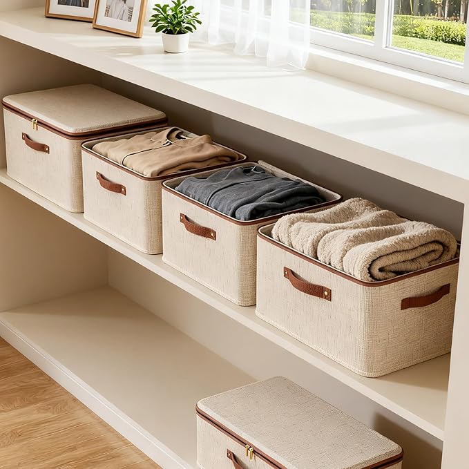 Tuza 3 Pcs Rigid Storage Bins with Zipper Lid, Cotton Linen Fabric Storage Boxes, Foldable Shelves Clothes Storage Cubes with Handles for Wardrobe, Closet(Beige, 15L)
