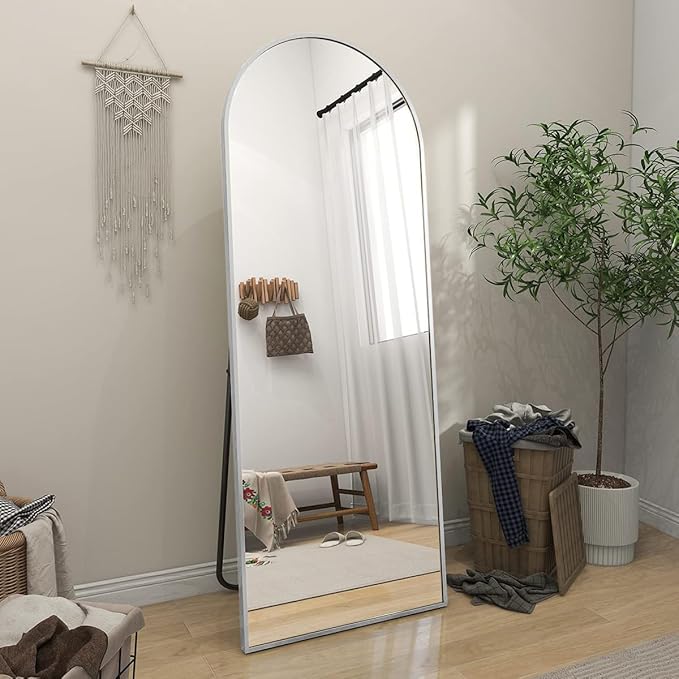 BEAUTYPEAK 64"x21" Full Length Mirror, Arch Full Body Floor Mirror, Wall Mirrors Hanging or Leaning Arched-Top with Stand for Bedroom, Dressing Room, Living Room, Silver