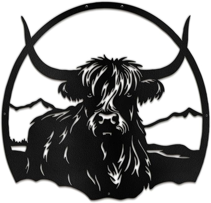 SIGNLEADER Metal Wall Art DecorHighland Cow with Mountain Minimalist Modern Abstract Wall Sculpture Hangings Home Decoration for Living Room, Bedroom, Bathroom, Kitchen, Outdoor - 18" Black