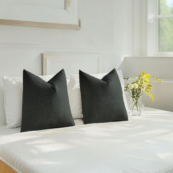 HAUSSY Black Throw Pillow Covers 18x18 Inch Set of 2,Boho Decorative Faux Linen Throw Pillows Cozy Farmhouse Accent Cushion Covers,Home Decor for Couch Sofa Bed Living Room