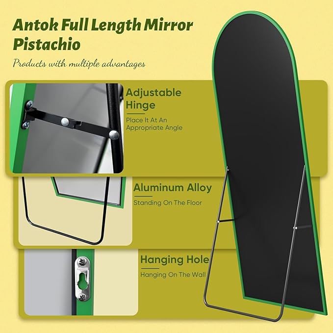 Antok Full Length Mirror, 58"x18" Floor Mirror, Arched Floor Standing Freestanding Arch Full Body Mirrors with Stand for Bedroom, Hanging Mounted for Living Room Cloakroom,Green