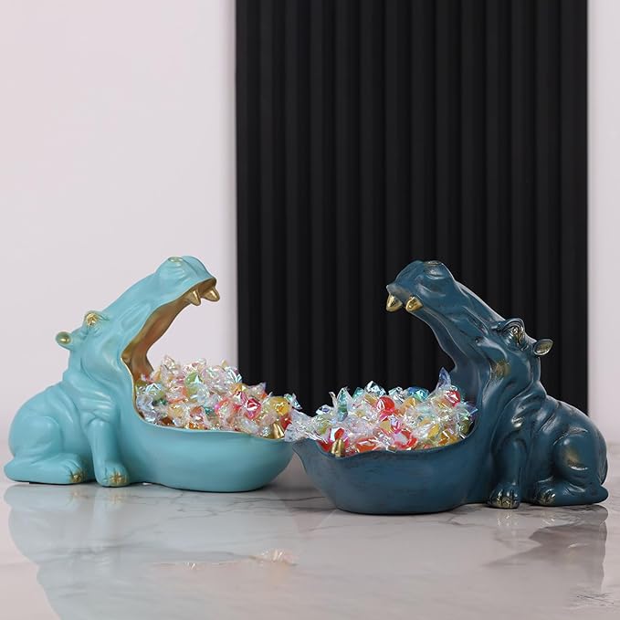 Hippo Figurine Candy Dish & Key Bowl - Unique Resin Hippopotamus Statue for Office Desk & Entry Table Decor - Multifunctional Sundries Container, Jewelry Stand, and Wallet Holder - Cute Hippo Gifts