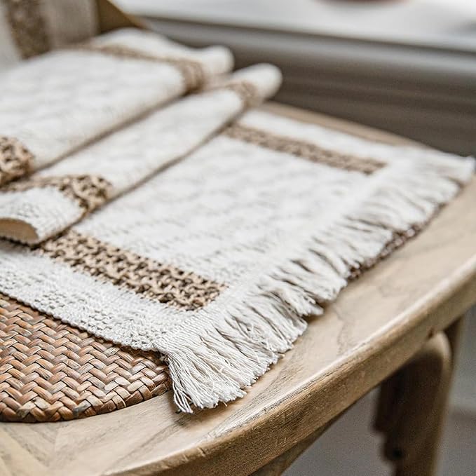 Niviy Boho Placemats Set of 6, 12x18 Inch Natural Cotton Burlap and Kitchen Woven Placemats with Tassels for Dining Table Centerpiece Thanksgiving Home Decorations