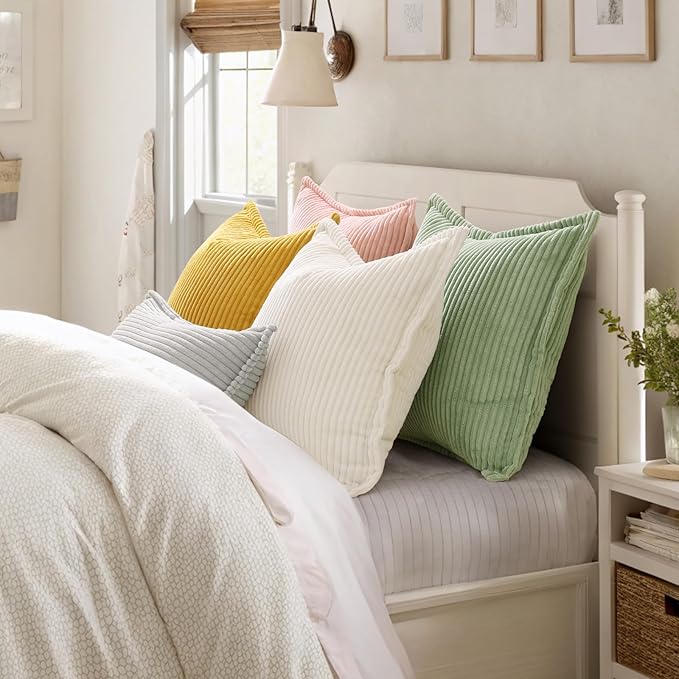decorUhome Spring Corduroy Grey Throw Pillow Covers 12x20 Set of 2 Decorative Soft Boho Farmhouse Lumbar Couch Pillow Covers for Living Room Bed Sofa Broadside Striped Pillow Cases
