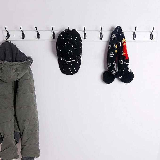 Dseap Coat Rack Wall Mounted: 10-Hooks, 16" Hole to Hole, 38-1/4" Long, Wood Coat Hooks Wall Mounted, Hook Rack, Hook Rail, Hooks for Hanging Coats, White & Black, 2 Packs