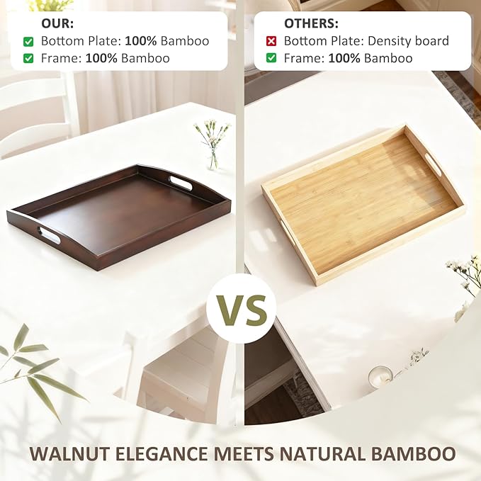 Bamboo Serving Tray with Handles, Set of 2 Large Wood ServingTrays for Food & Coffee, Elegant Wooden Tray for Breakfast in Bed, Kitchen & Party - Black Walnut Finish
