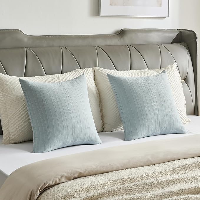 FUTEI Grey Blue Chenille Decorative Throw Pillow Covers 24x24 Inch Set of 2,Soft Crushed Striped Texture European Cushion Case,Modern Home Decor for Couch Bed Living Room