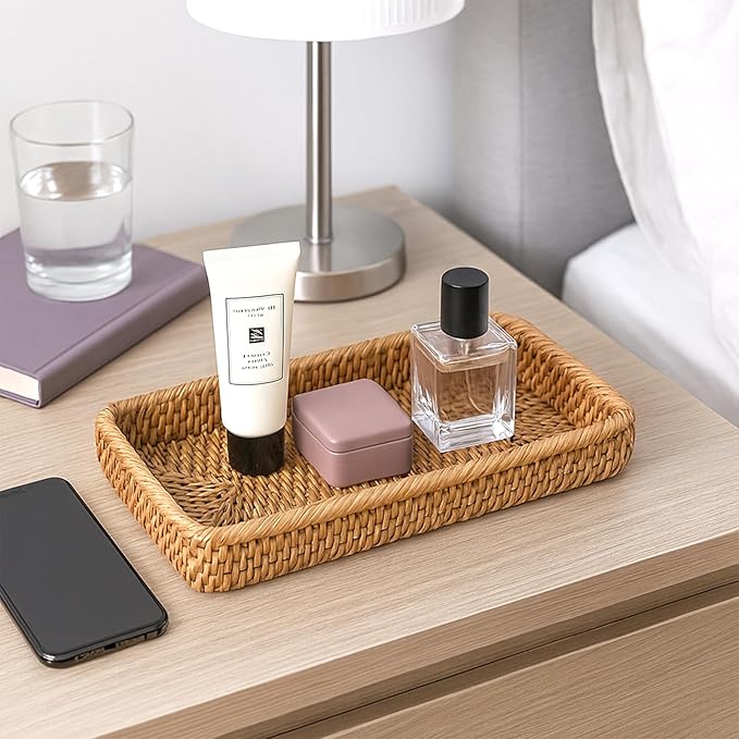 Small Rattan Serving Tray, Woven Rectangle Tray Key Basket for Entryway Table, Natural Wicker Trays Fruit Bowl Decorative Baskets for Bathroom