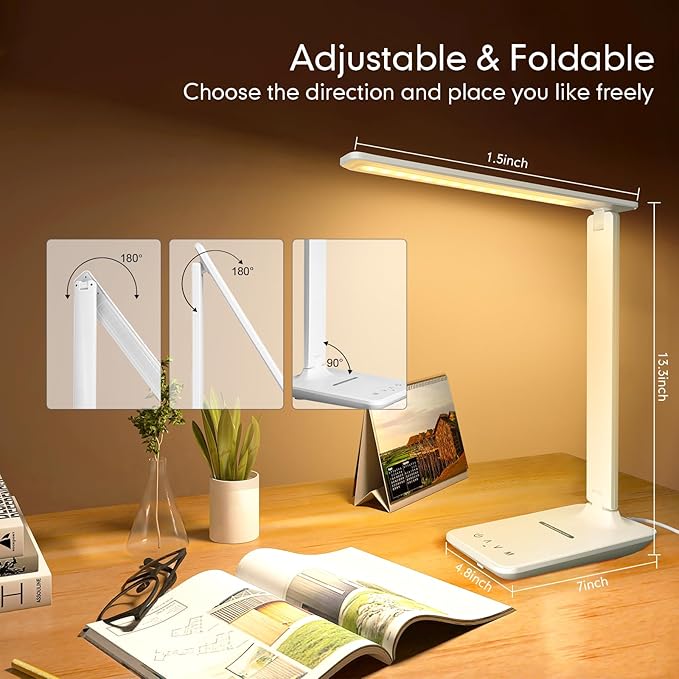 LED Desk Lamp for Office Home, Bright Desk Light with USB Charging Port, Adjustable Dimmable Desk Lamps 5 Modes 5 Brightness, Touch Study Lamp for Nail, Craft, Puzzle, Sewing, Study, White Pro