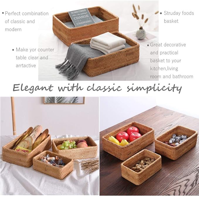 Handmade Rectangle Wicker Fruit Box Rattan Tray Magazine Organizer and Small Objects Container Serving Basket (Small)