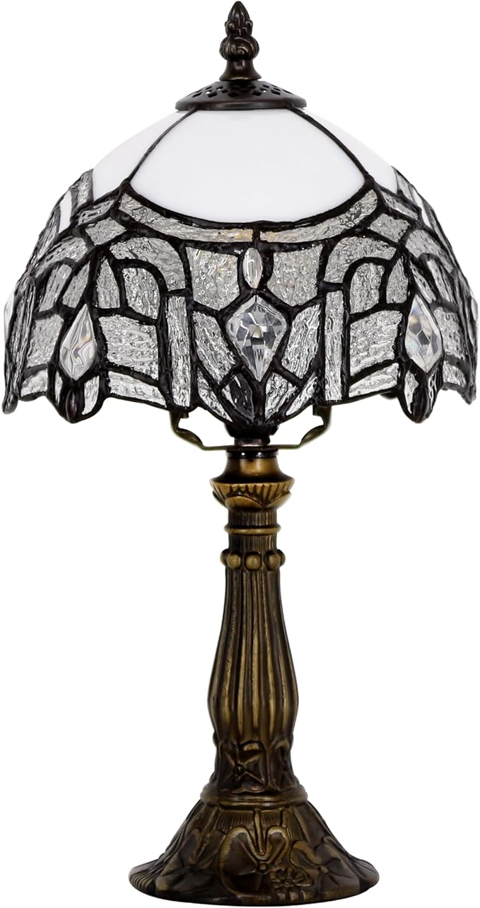 Small Tiffany Lamp Stained Glass Desk Lamp Vintage Tiffany Bedside Table Lamp for Home Living Room Bedroom Nightstand 8X15 Inch (White Bending Style)