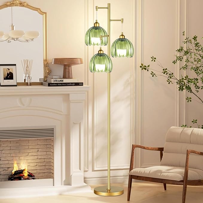 ZECOXOL Gold Floor Lamps for Living Room Bedroom-3 Light Green Glass Floor Lamp with Three Led Bulb, Rustic Tall Floor Lamp Gold Standing Lamp Tree Floor Lamps for Living Room Bedroom,Office,Corner