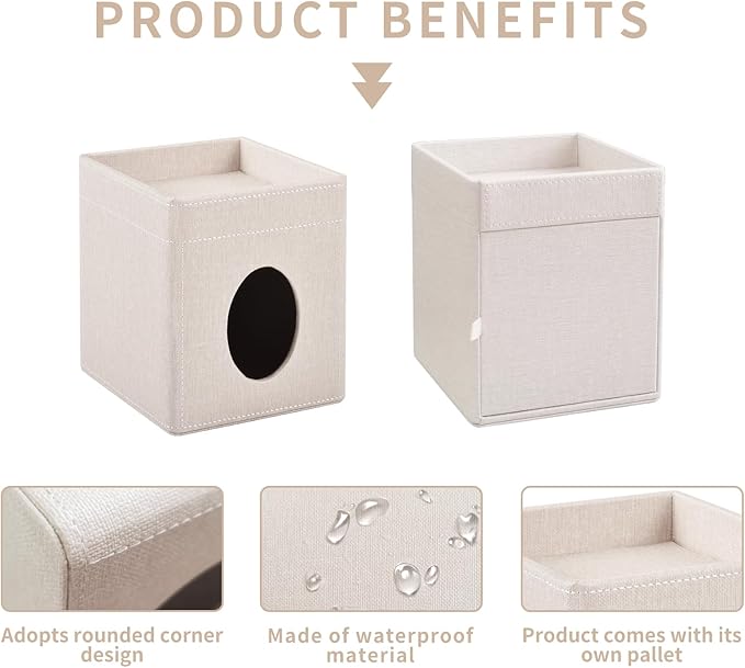 Tissue Box Cover with Storage Tray Square Tissue Box Holder PU Leather Facial Tissues Organizer Tray for Bathroom Vanity Bedroom Office Car,Stylish Napkin Caddy Decorative Organizer,Beige