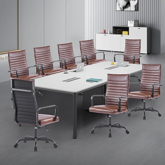 Haranuo Office Chair, Ergonomic Executive Conference Room Chairs, Ribbed Leather Desk Chair with Lumbar Support, Adjustable Height Mid-Back Swivel Chair with Padded Seat