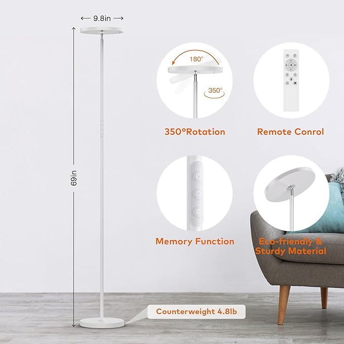 WOWLUMEN Floor Lamp,Bright 36W 3500LM Standing Lamp with Remote, 2700K Soft White to 6500K Cool White Adjustable,Touch Control Dimmable Torchiere Tall Light for Living Room,Bedroom,Office,Sofa(White)