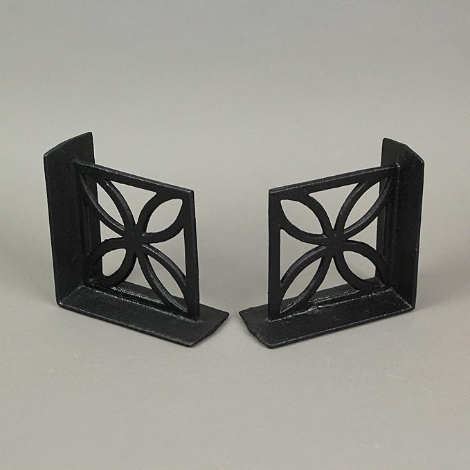 Set of 2 Elegant Black Cast Iron Mid Century Modern Breeze Block Bookends with Floral Design - Stylish Home and Bookshelf Decor Accessories, 5.25 Inches High