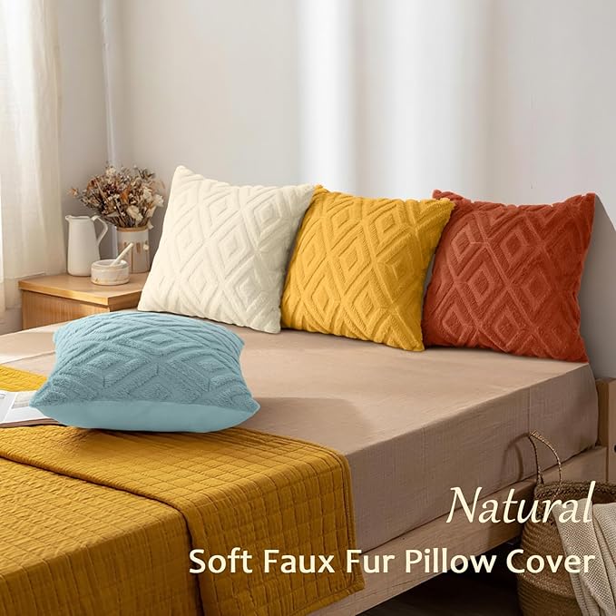 decorUhome Pack of 4 Faux Fur Throw Pillow Covers 16x16, Soft Decorative Couch Pillow Covers with Velvet Back for Modern Sofa Living Room, Yellow/Rust