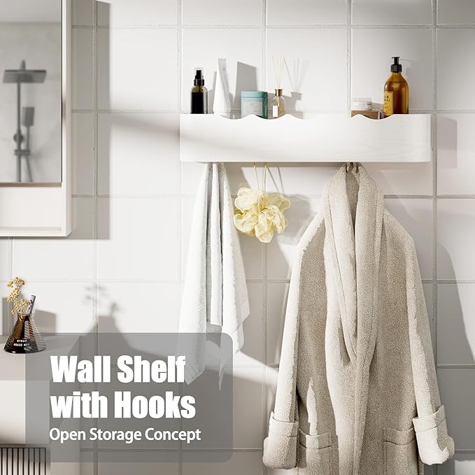 Coat Rack Wall Mount with Shelf 5 Hidden Hooks Modern Wooden Key Holder Entryway Organizer for Hallway Bedroom Bathroom Home Decor Storage for Hanging Coats Hats Bags Towels, Wave-Shape White