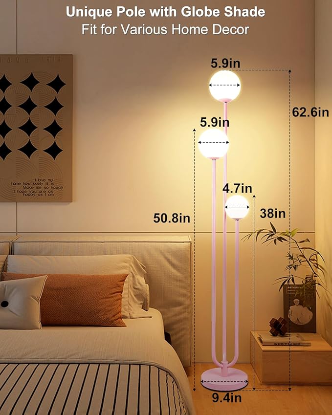 ACOHOOK 63IN 3-Light Dimmable Floor Lamp, Unique Candle Holder Style Pink Tall Standing Lamps with 3000K G9 Bulbs for Reading, Mid Century Modern Floor Lamp for Living Room Bedroom Office
