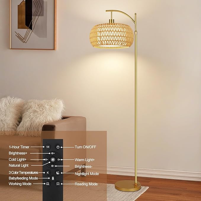 Gold Floor Lamps for Living Room Boho Rattan Floor Lamp with Remote Control & Wicker Lampshades,Vintage Brass Standing Lamp Dimmable Tall Floor Lamp for Bedroom Living Room Corner