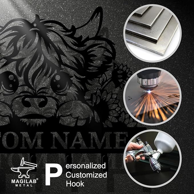 magilab Personalized Custom Highland Cow Wall Hooks,Metal Highland Cow Art Clothes Hooks,Metal Highland Cow Wall Home Storage Decorative,for Front Door, Hallway, Kitchen, Bedroom,Keys,Hats (Style A)