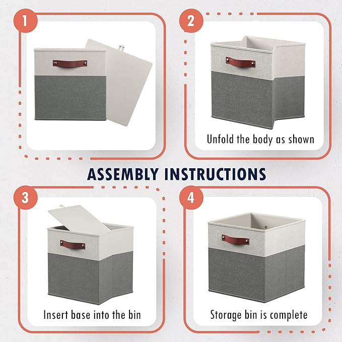 Ornavo Home 13 x 13 Storage Cube Bins, Foldable Collapsible Fabric Storage Bins Box Linen Shelf Basket Cube Organizer for Closet with Leather Handles, 6 Pack, White/Gray