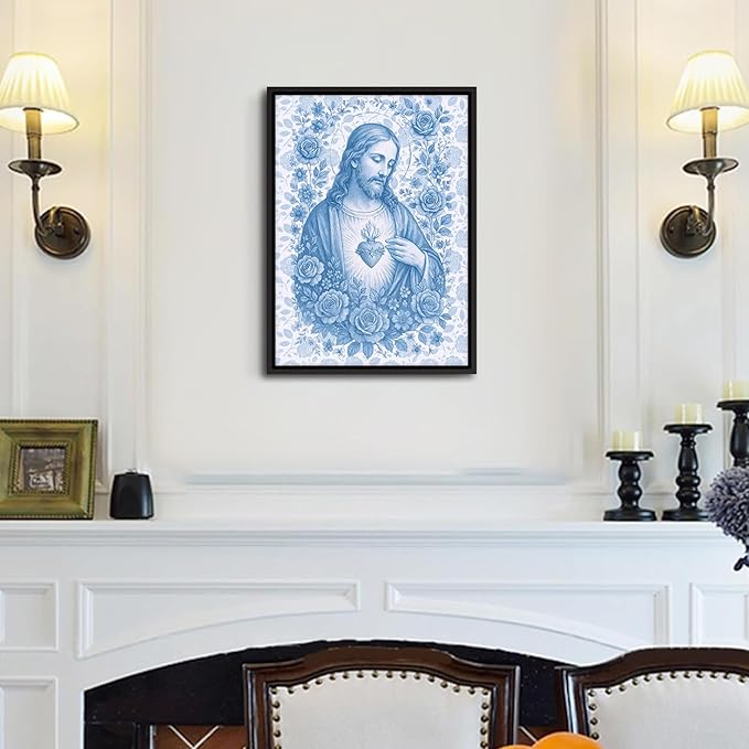 Framed Blue Sacred Heart of Jesus Canvas Wall Art Divine Mercy Wall Decor Jesus Portrait Pictures Catholic Artwork Christian Religious Poster Prints for Living Room Prayer Room Church 16x24in