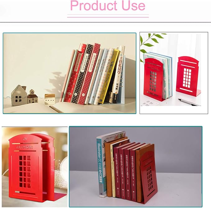 MerryNine 4 Pack Book Ends, Metal Bookends for Shelves, Telephone Booth Decorative Bookends, Non Skid Heavy Bookends, Book, Magazine or CD Organizers for Home and Office (Red-4pcs)