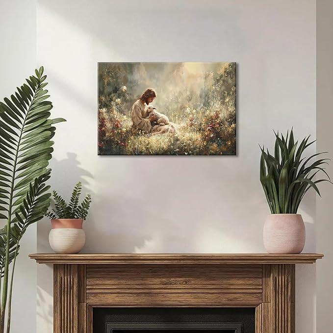 Jesus and Lamb Canvas Wall Art Jesus Holding The Lost Lamb Wall Decor Good Shepherd Poster God Leaves the 99 Sheep Pictures Christian Religious Painting for Living Room Church Prayer Room 24x16in