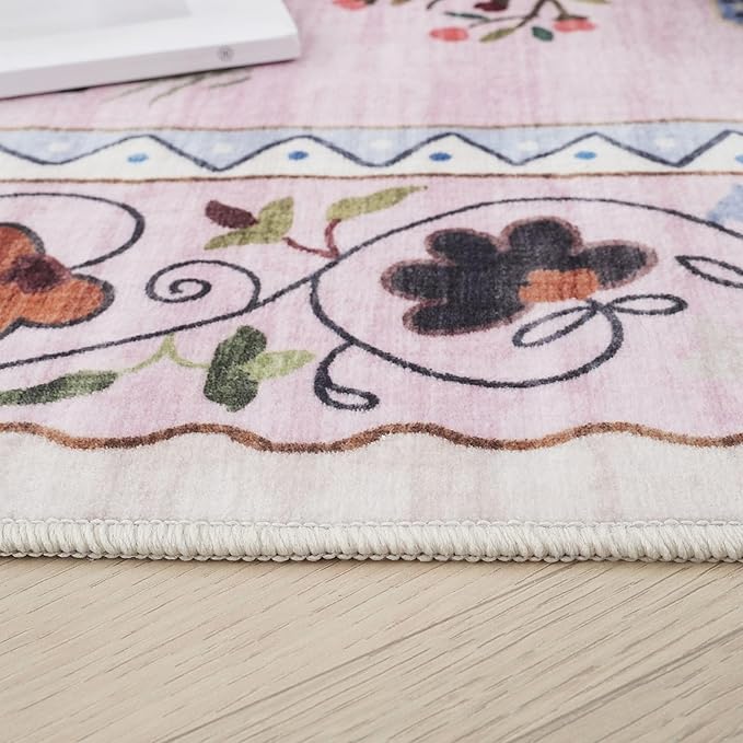 Rugcomf Door Mat Indoor Entrance 2x3 Rug Machine Washable Boho Floral Animal Cat Small Area Rug Non-Slip Low Pile Throw Rugs for Entryway Kitchen Front Door Indoor Entrance Entry Kids Room, Pink
