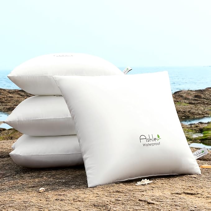 Ashler Outdoor Waterproof Pillow Inserts - 16 x 16 Pillow Inserts Set of 4, Water Resistant Hypoallergenic Pillows Decorative for Garden, Square Lumbar Pillow for Sofa Couch