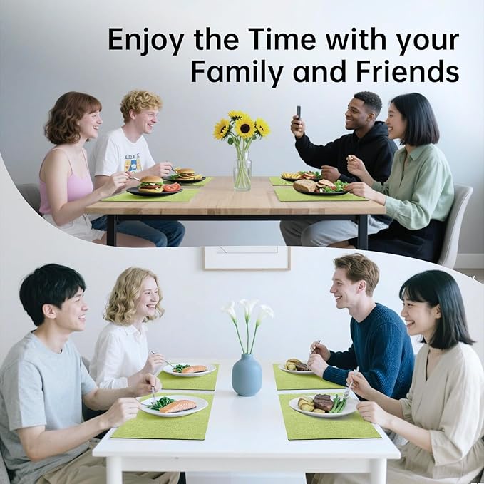 Blue Forest Placemats Set of 8, Dual-Layered Thickened Faux Linen Table Mats Heat Resistant Machine Washable Wrinkle Free Place Mats for Kitchen Dining Outdoor/Indoor (Grass Green)