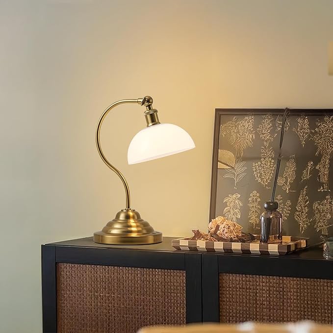 Cordless LED Table Lamp, 180° Swing Arm Desk Lamp, Battery Operated,Dimmable/3 Color, Vintage Rechargeable Table Light for Living Room,Bedroom,Bedside, White Shade, Brass
