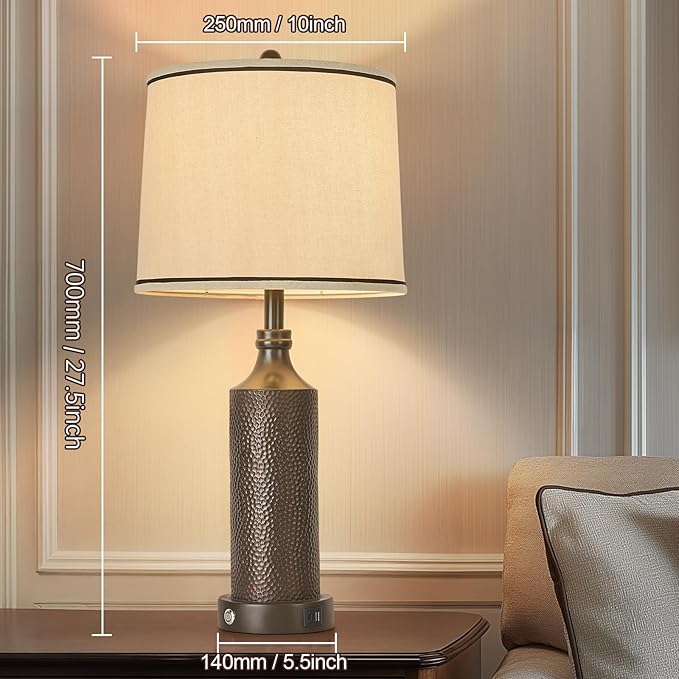 AIDENOEY 27.5" H 3-Way Dimmable Touch Control Table Lamp Set of 2,Vintage Bedside Lamp Nightstand Lamps with USB A+C Ports, Black Brown Finish Resin Table Lamp, for Living Room,Bedroom,Office