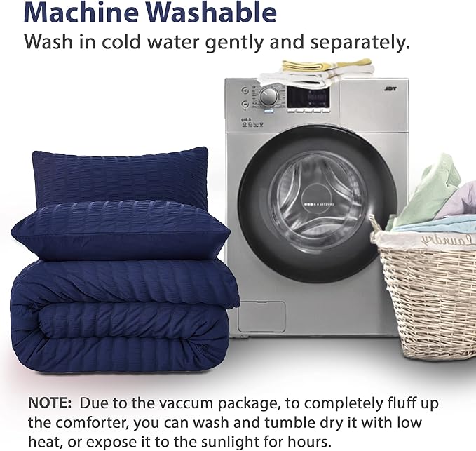AveLom Seersucker King Comforter Set (104x90 inches), 3 Pieces - 100% Soft Washed Microfiber Lightweight Comforter with 2 Pillowcases, All Season Down Alternative Comforter Set for Bedding, Navy