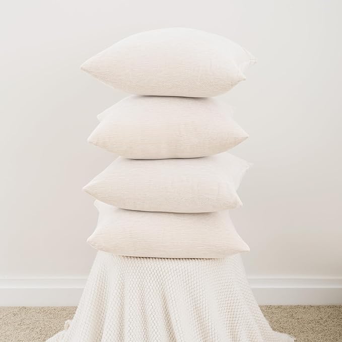 Set of 4 Cream White Throw Pillow Covers 24x24 Inch, Neutral Boho Farmhouse Aesthetic Decorative Pillow Cases for Couch, Sofa, Living Room & Bed, Chenille Pillow Cases, Stylish Home Decor, 60x60 cm