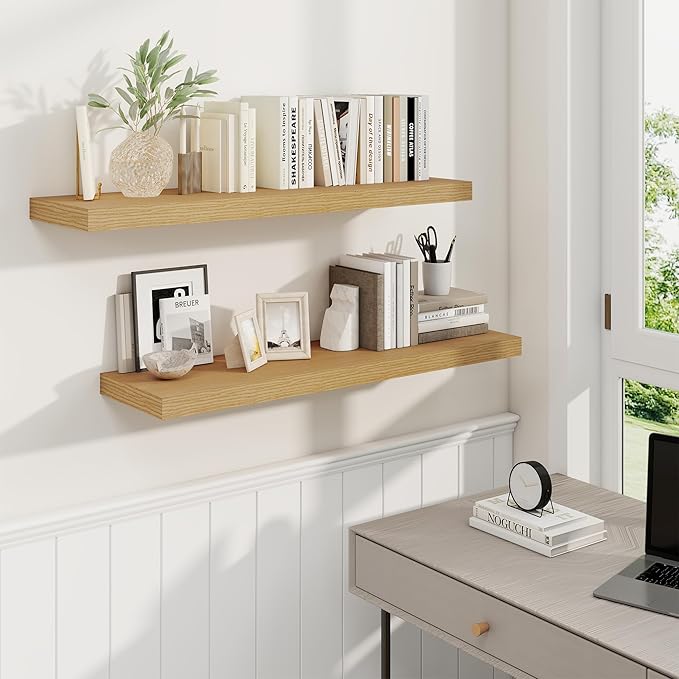 Fun Memories 36 Inch Floating Shelves, 9.3 Inch Deep Rustic Wall Shelves - Extra Deeper Wall Mounted Storage Shelves for Bathroom, Kitchen, Living Room (Oak, Set of 2)