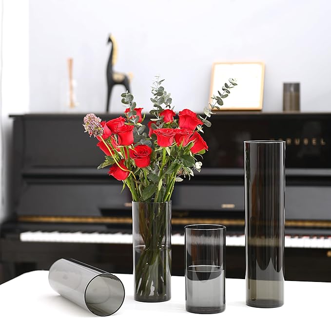 Flower Vase, Non-breakable Vases, 5" W x 16" H, Acrylic Grey Vase, Aesthetic Room Decor Cylindrical Modern Flower Vases for Table Centerpiece, Home Decor, Women Floral Arrangement Gift