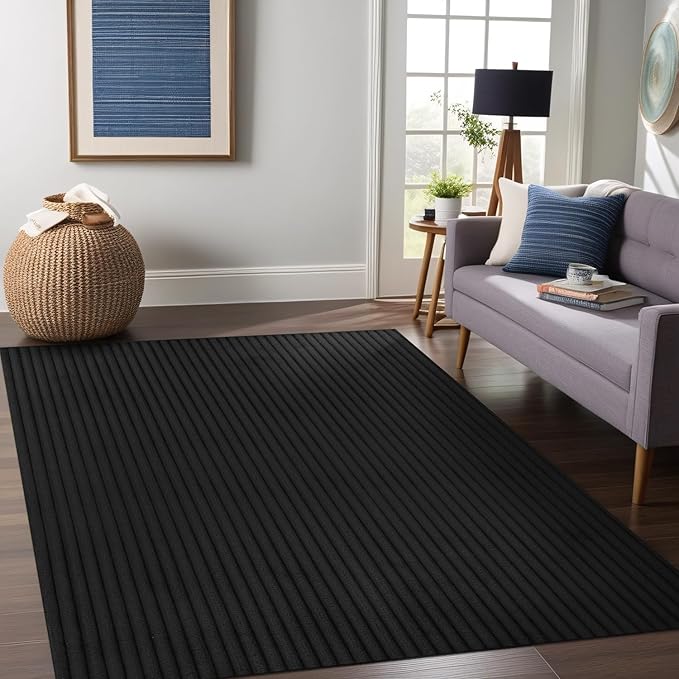 Beverly Rug Non Slip Area Rug 4 x 6 Modern Durable Ultra Soft Ribbed Indoor Rugs for Living Dining Room Office Stain Resistant Non Shedding Casual Easy Shag Indoor Carpet Black 4x6