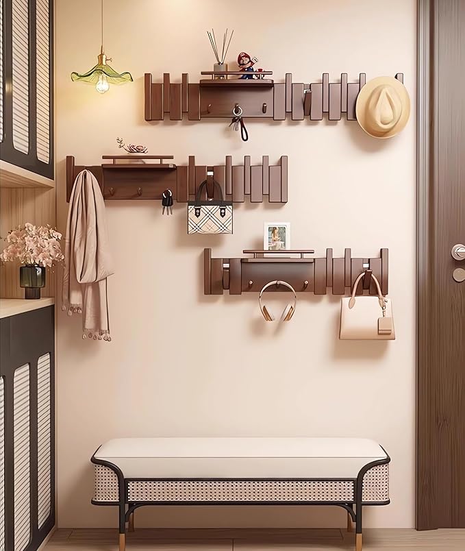 Wall Mounted Piano Key Hanger | Flip Style Hook | Entrance Wall Art Hook, Made of Oak Wood (3 Times Painted, 4 Times Polished) (Fence Beech, 6Hooks)